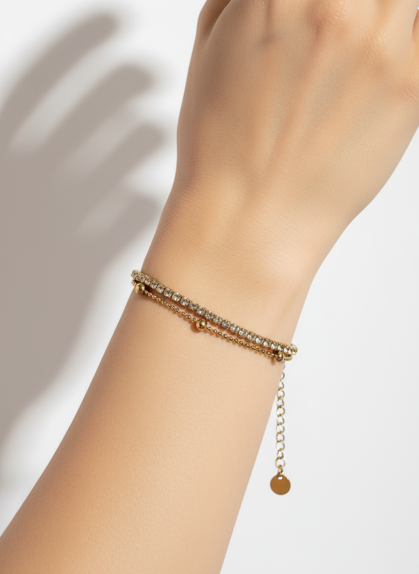 Ατσάλινο βραχιόλι με ζιργκόν και διπλή αλυσίδα – So Cute by Dimi χονδρική