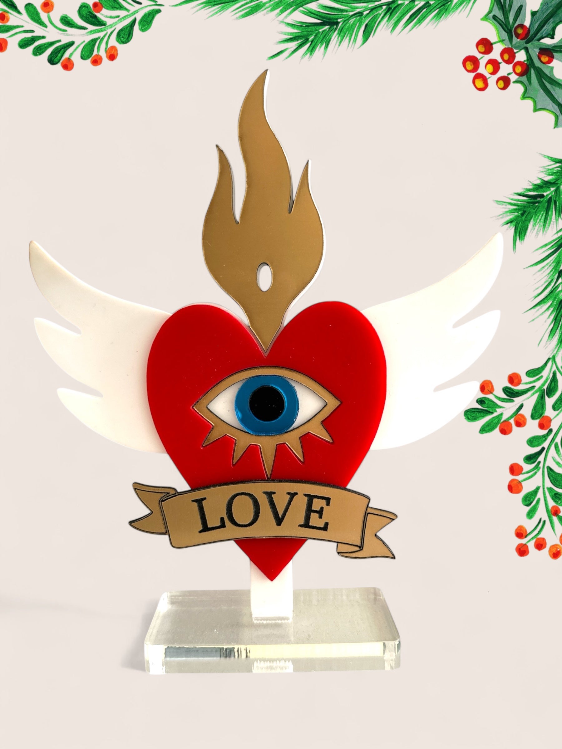 Χονδρικό επιτραπέζιο γούρι Christmas Pop Love Heart από plexiglass με μάτι, φλόγα & φτερά – So Cute by Dimi
