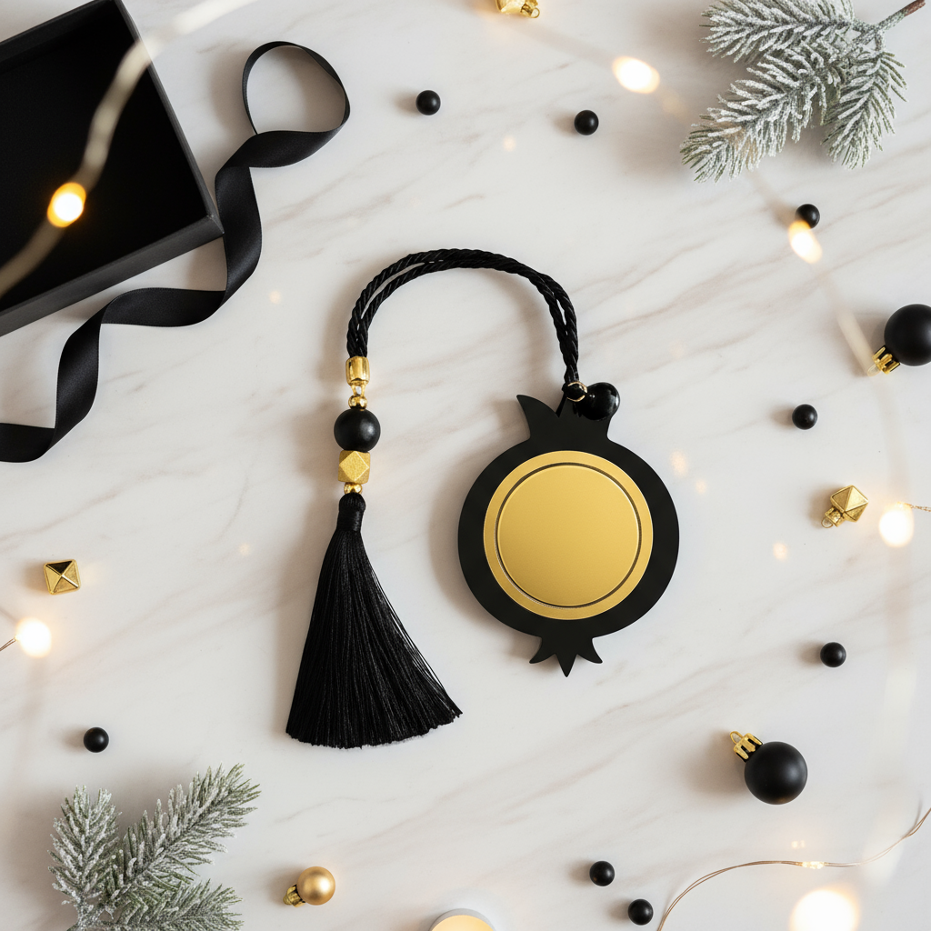 Plexiglass γούρι ρόδι Symbolic Luxe 2026 μαύρο-χρυσό με φούντα — So Cute by Dimi Wholesale