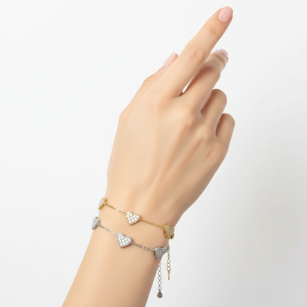 Ατσάλινο βραχιόλι με πέντε καρδιές και ζιργκόν – Crystal Hearts Bracelet – So Cute Wholesale