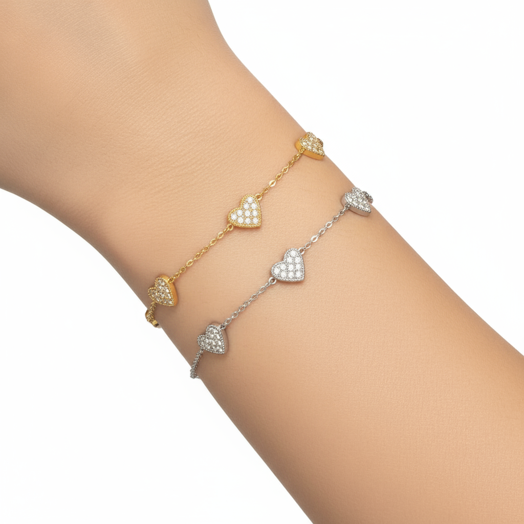 Ατσάλινο βραχιόλι με πέντε καρδιές και ζιργκόν – Crystal Hearts Bracelet – So Cute Wholesale