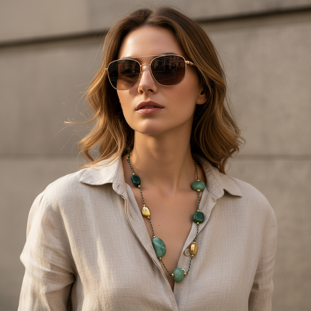 Μακρύ κολιέ με κορδόνι, χάντρες πέτρας και ατσάλινα μεταλλικά στοιχεία – So Cute by Dimi Χονδρική