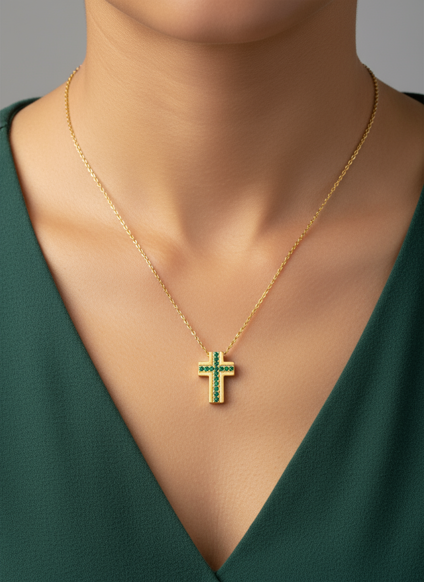Emerald Cross ατσάλινο κολιέ με μίνι σταυρό και πράσινα ζιργκόν – Χονδρική So Cute by Dimi