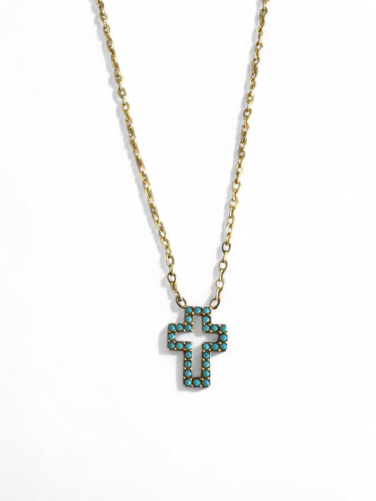 Turquoise Cross Necklace – Ατσάλινο κολιέ με σταυρό και τυρκουάζ ζιργκόν – So Cute by Dimi