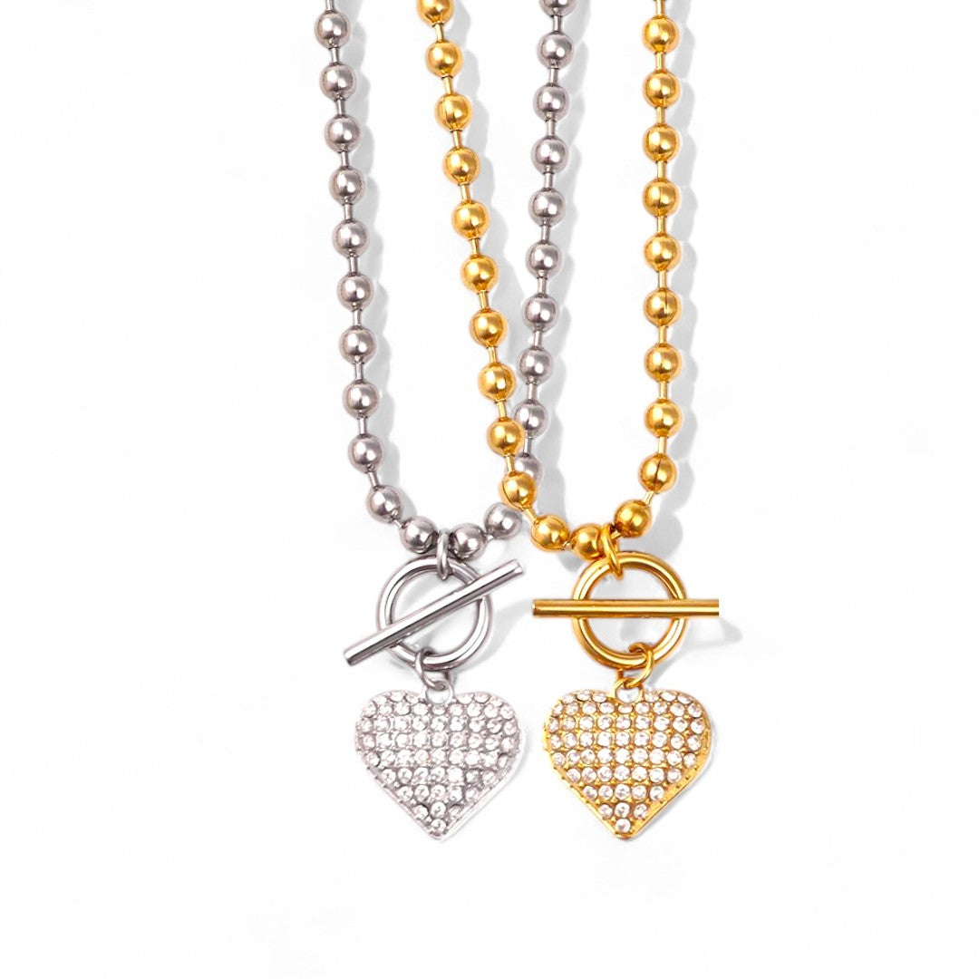 Ατσάλινο κολιέ Beaded Heart με χάντρες και λαμπερή στρας καρδιά – So Cute by Dimi Wholesale.