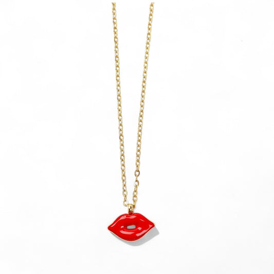⚡🚚 Red Lips – Ατσάλινο Κολιέ με Enamel Στοιχείο