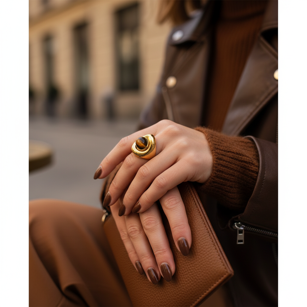 Ατσάλινο δαχτυλίδι Sculpted Stone σε χρυσό φινίρισμα με tiger eye πέτρα — So Cute by Dimi Wholesale