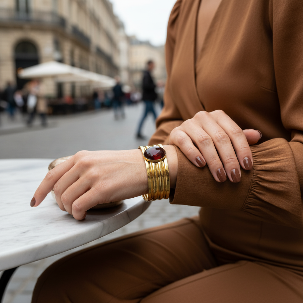 Ατσάλινο χρυσό βραχιόλι Molten Lines με καφέ πέτρα — So Cute by Dimi Wholesale