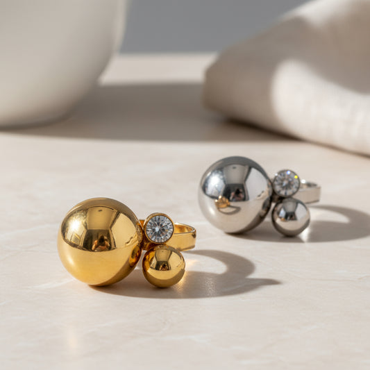 Statement δαχτυλίδι με δύο μπίλιες και στρογγυλό ζιργκόν σε χρυσό ή ασημί χρώμα – So Cute by Dimi