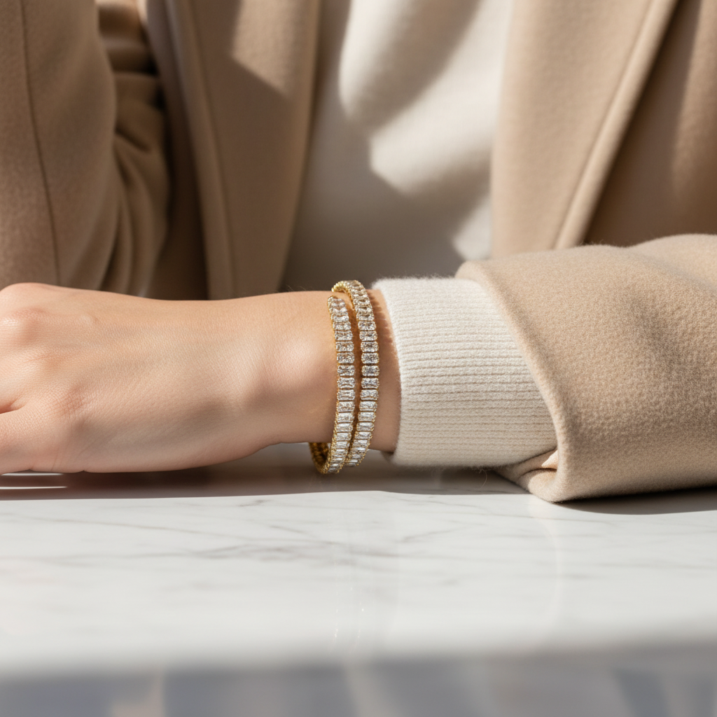 Wholesale Radiant Rows Bracelet – stainless steel double row baguette zircon, gold and silver