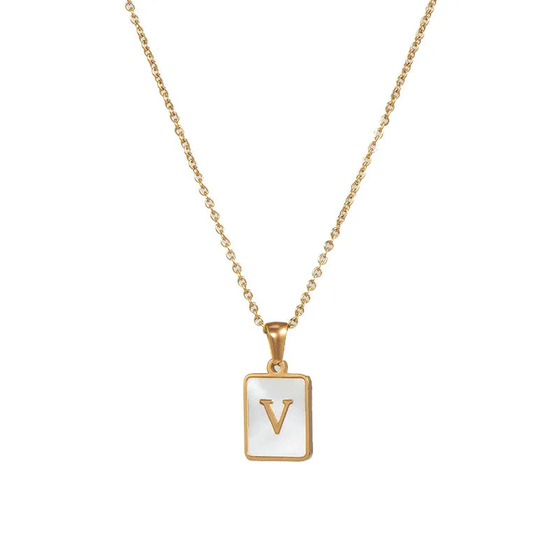 Vintage Style Letter Square Stainless Steel Plating Inlay Shell 18K Gold Plated Pendant Necklace