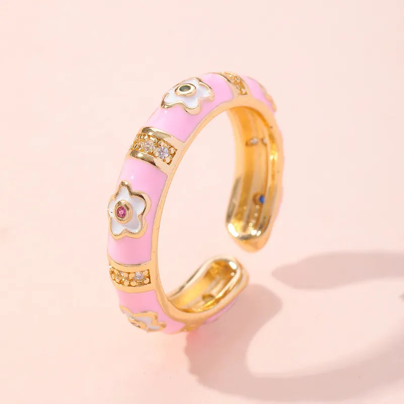 Flower Copper Inlay Artificial Gemstones Open Rings