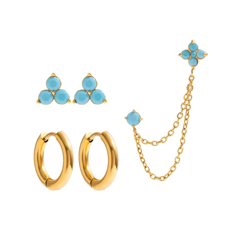 Σετ σκουλαρίκια με τυρκουάζ πέτρες και αλυσίδα – Turquoise Chain Earcuff Set – So Cute by Dimi