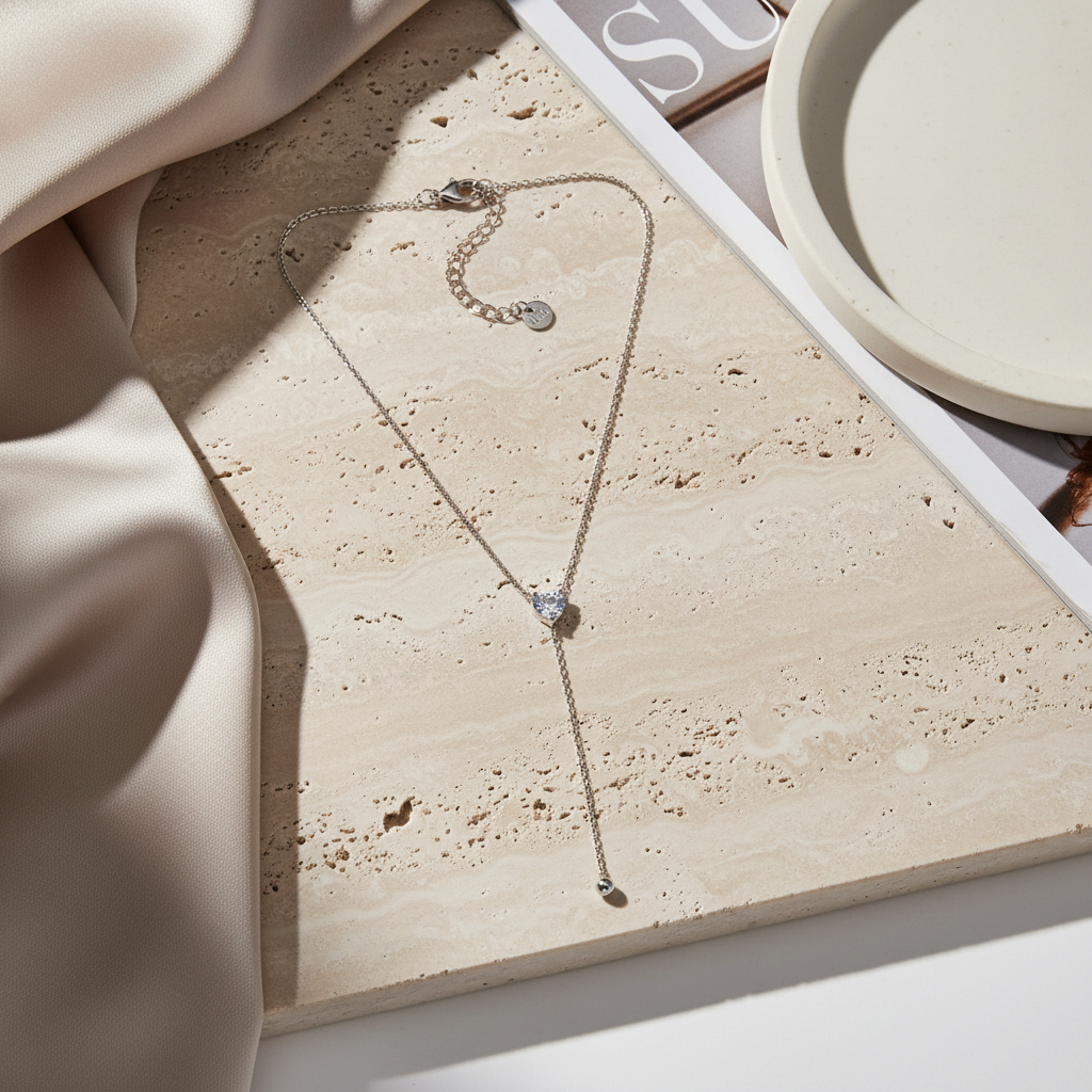 Heart Drop Y Necklace ατσάλινο κολιέ Υ με καρδιά ζιργκόν και στρογγυλό ζιργκονάκι – So Cute by Dimi χονδρική