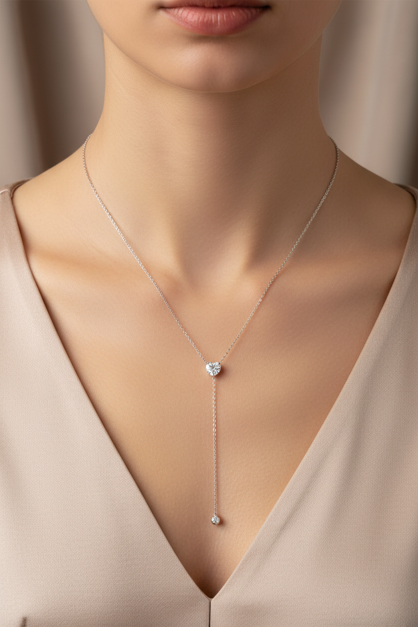 Heart Drop Y Necklace ατσάλινο κολιέ Υ με καρδιά ζιργκόν και στρογγυλό ζιργκονάκι – So Cute by Dimi χονδρική