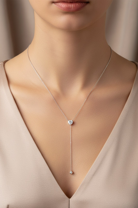 Heart Drop Y Necklace ατσάλινο κολιέ Υ με καρδιά ζιργκόν και στρογγυλό ζιργκονάκι – So Cute by Dimi χονδρική