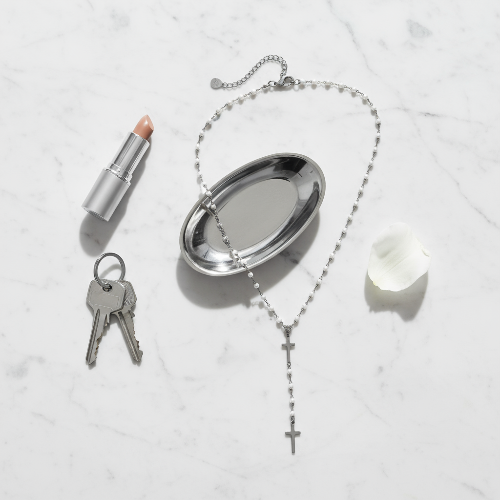 Ατσάλινο κολιέ Cross & Pearls με σταυρούς και πέρλες 2 mm, Y σχήμα 42 + 7,5 εκ. – So Cute by Dimi