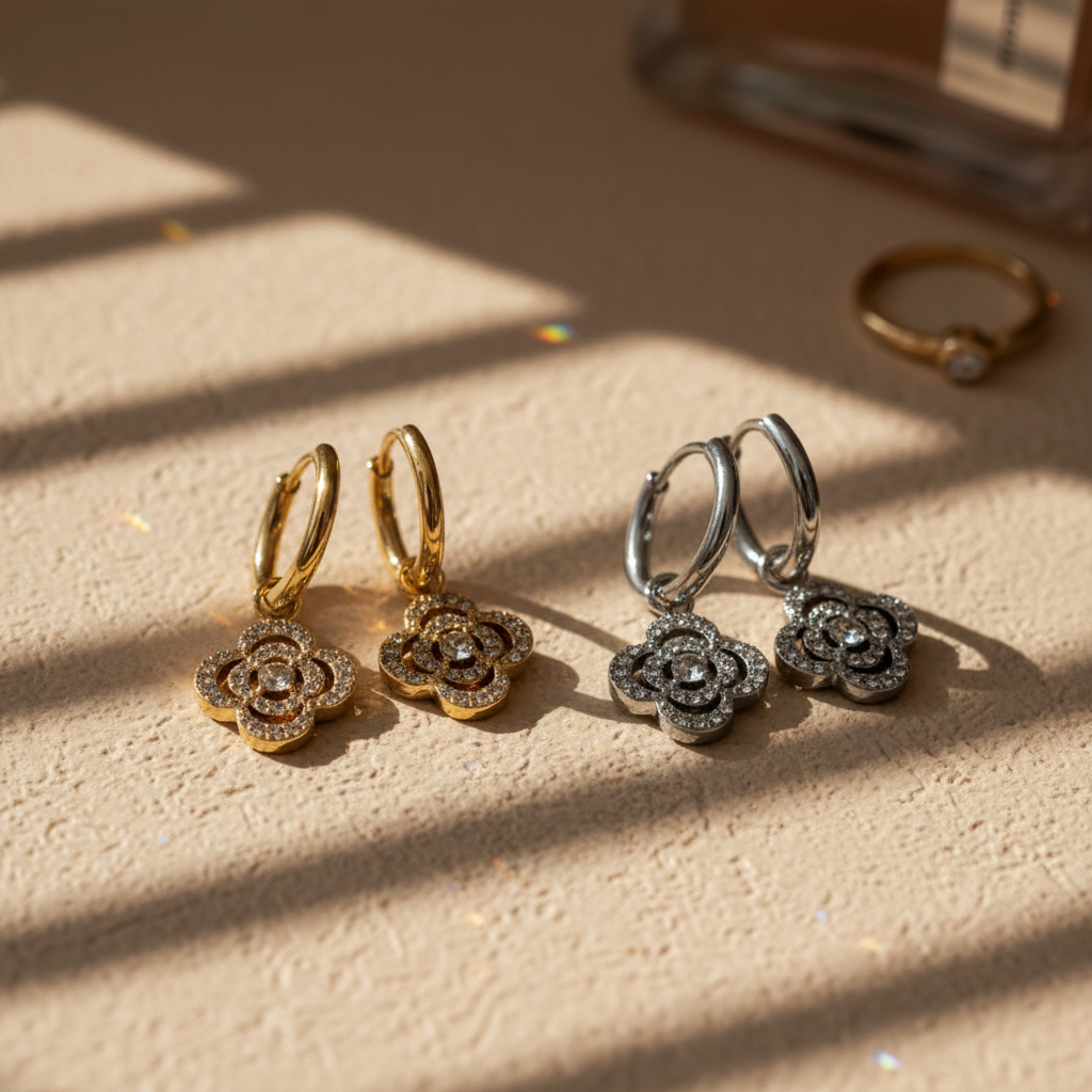 Ατσάλινα σκουλαρίκια με κρίκο 1.2 εκ. και κρεμαστό τετράφυλλο με ζιργκόν, σε χρυσό και ασημί χρώμα