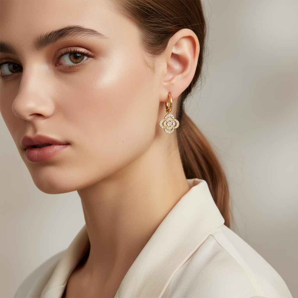 Ατσάλινα σκουλαρίκια με κρίκο 1.2 εκ. και κρεμαστό τετράφυλλο με ζιργκόν, σε χρυσό χρώμα