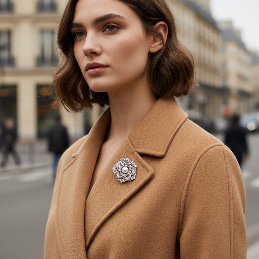 Μεταλλική καρφίτσα λουλούδι με στρας & πέρλα 4εκ για χονδρική – gold ή silver.