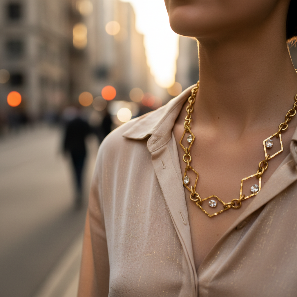 ⚡🚚Rhombus Glow Necklace – Ατσάλινο Κολιέ με Ζιργκόν