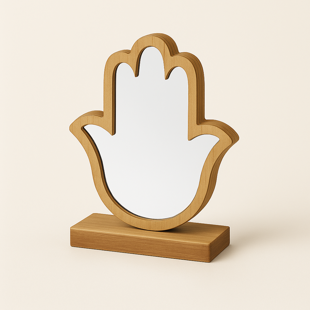 Επιτραπέζιο διακοσμητικό Hamsa από ξύλο με ασημί καθρέφτη