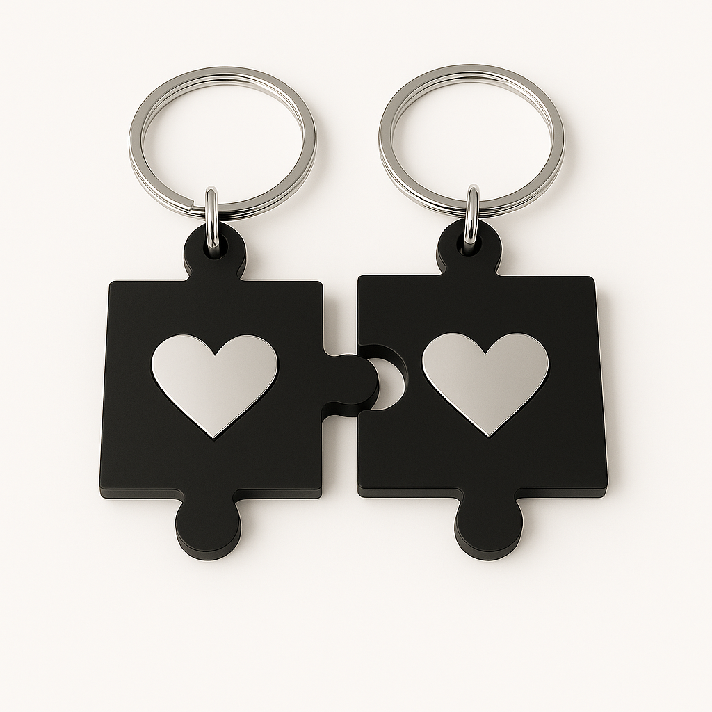 Σετ μπρελόκ παζλ με καρδιά από μαύρο plexiglass και καθρέφτη – Puzzle Hearts So Cute by Dimi