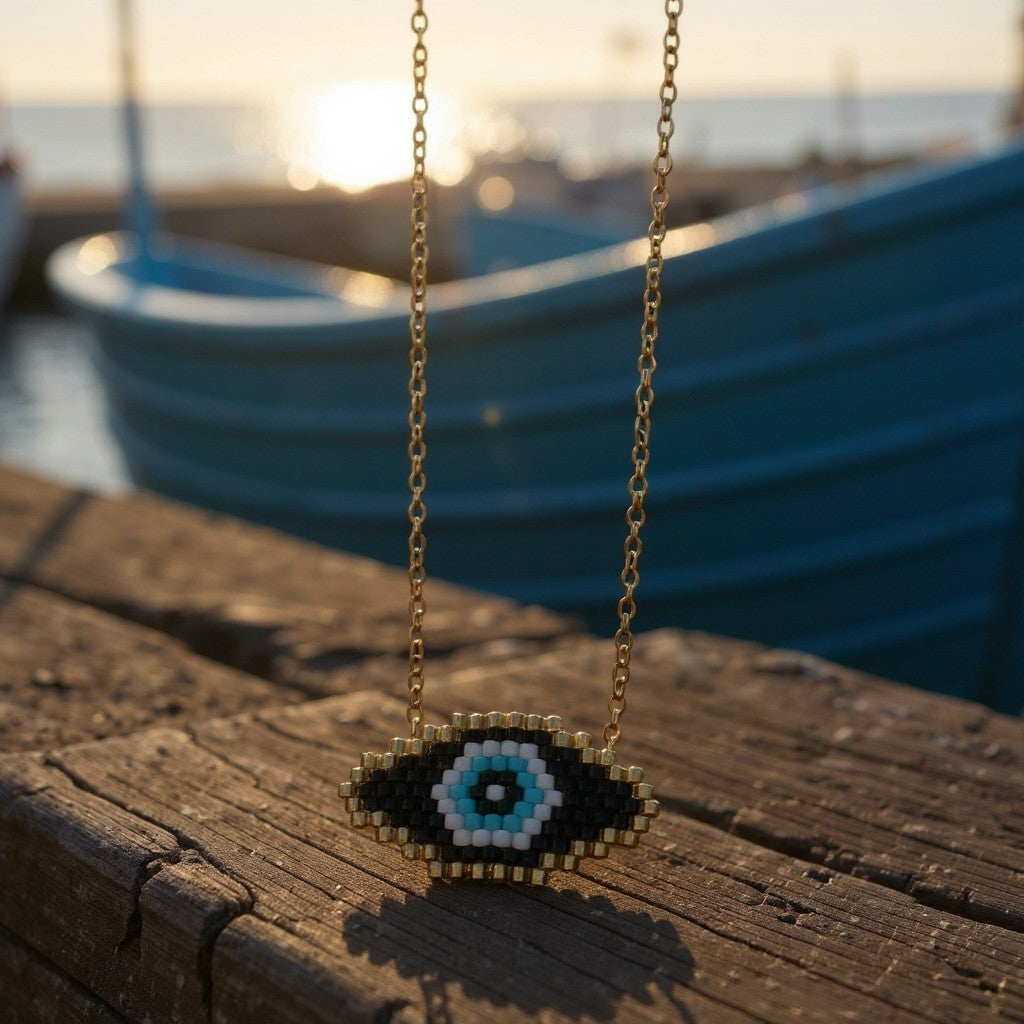 Χρυσό ατσάλινο κολιέ με eye charm Miyuki So Cute by Dimi