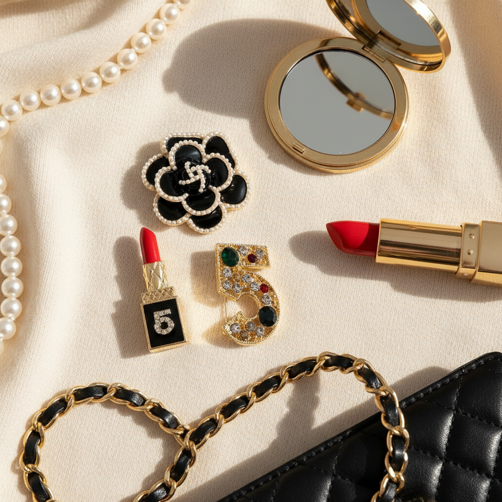 Set 3 fashion καρφίτσες Camellia, Lipstick και Number 5 σε μεταλλικό enamel design – So Cute by Dimi Wholesale