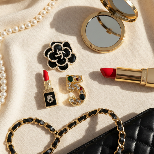 Set 3 fashion καρφίτσες Camellia, Lipstick και Number 5 σε μεταλλικό enamel design – So Cute by Dimi Wholesale