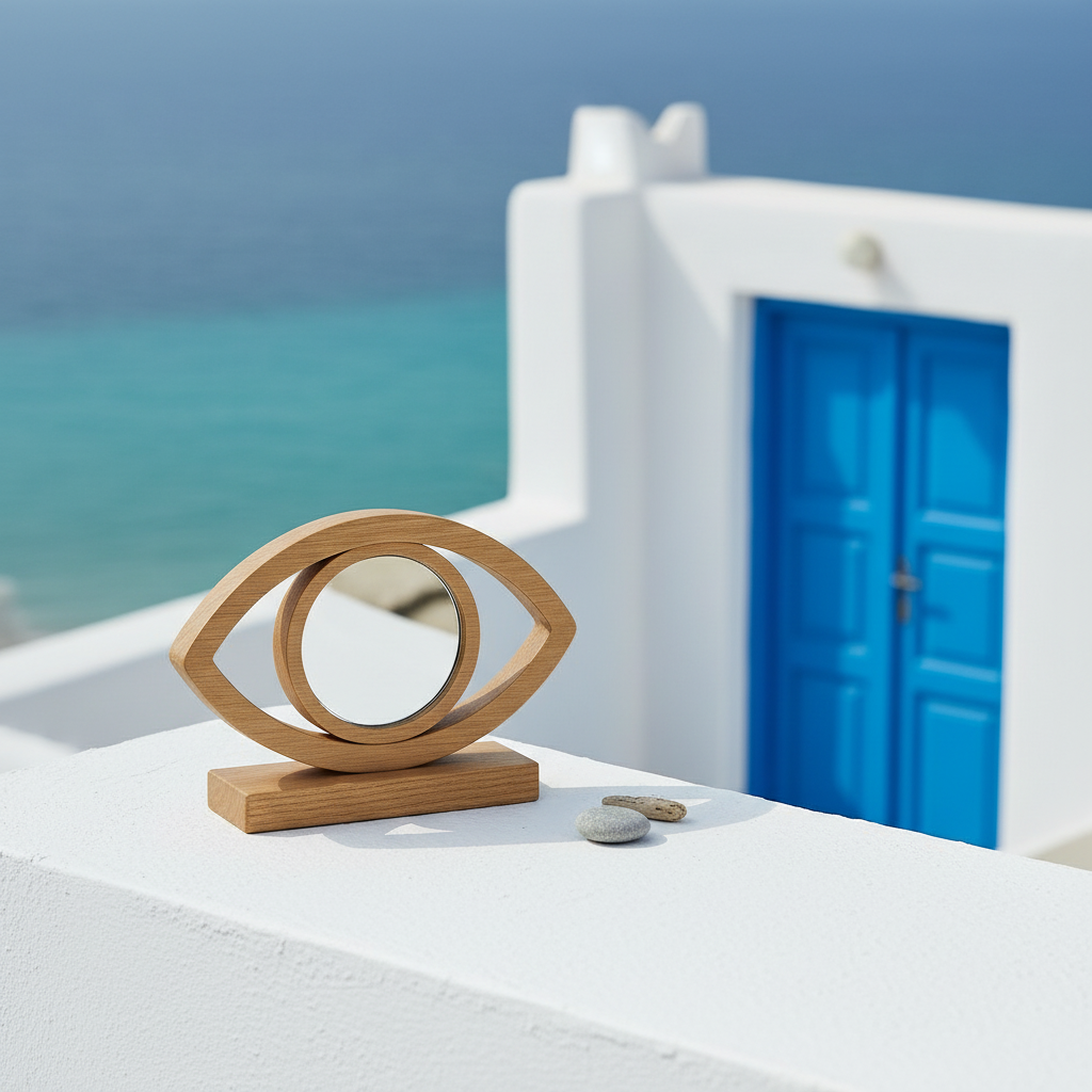 Επιτραπέζιο διακοσμητικό μάτι από ξύλο με ασημί καθρέφτη