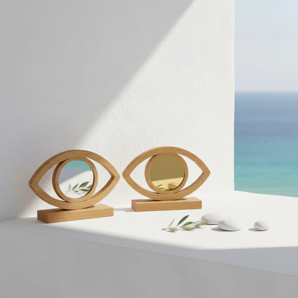 Επιτραπέζιο διακοσμητικό μάτι από ξύλο με ασημί  και χρυσό καθρέφτη