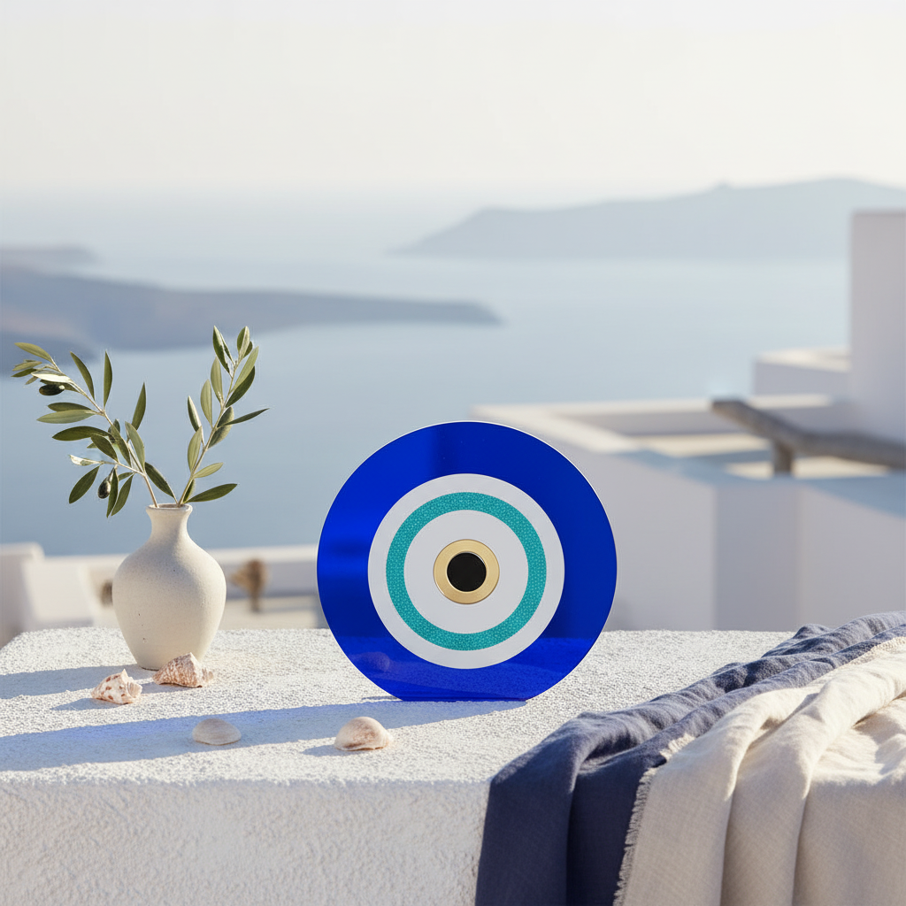 Μπλε plexiglass γούρι μάτι σε κυκλαδίτικη ταράτσα με θέα στο Αιγαίο, βάζο με ελιά και κοχύλια.