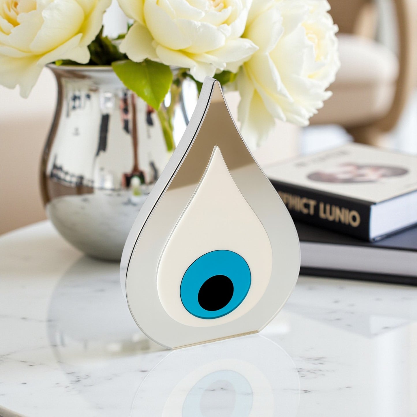 Χειροποίητο γούρι μάτι από πλεξιγκλάς καθρέφτη σε ασημί – Χονδρική So Cute by Dimi