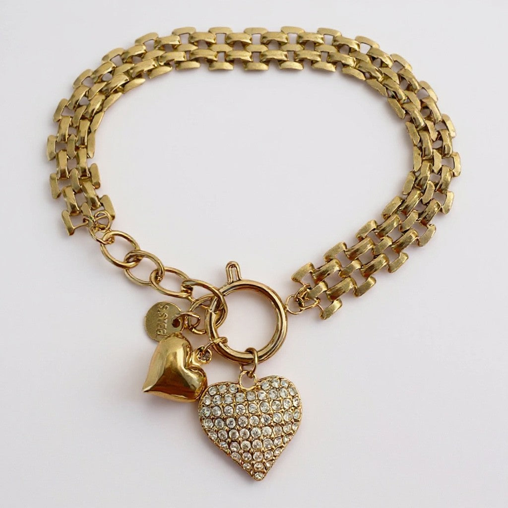 Ατσάλινο βραχιόλι με διπλή αλυσίδα και κρεμαστές καρδιές με ζιργκόν σε χρυσό χρώμα | So Cute by Dimi