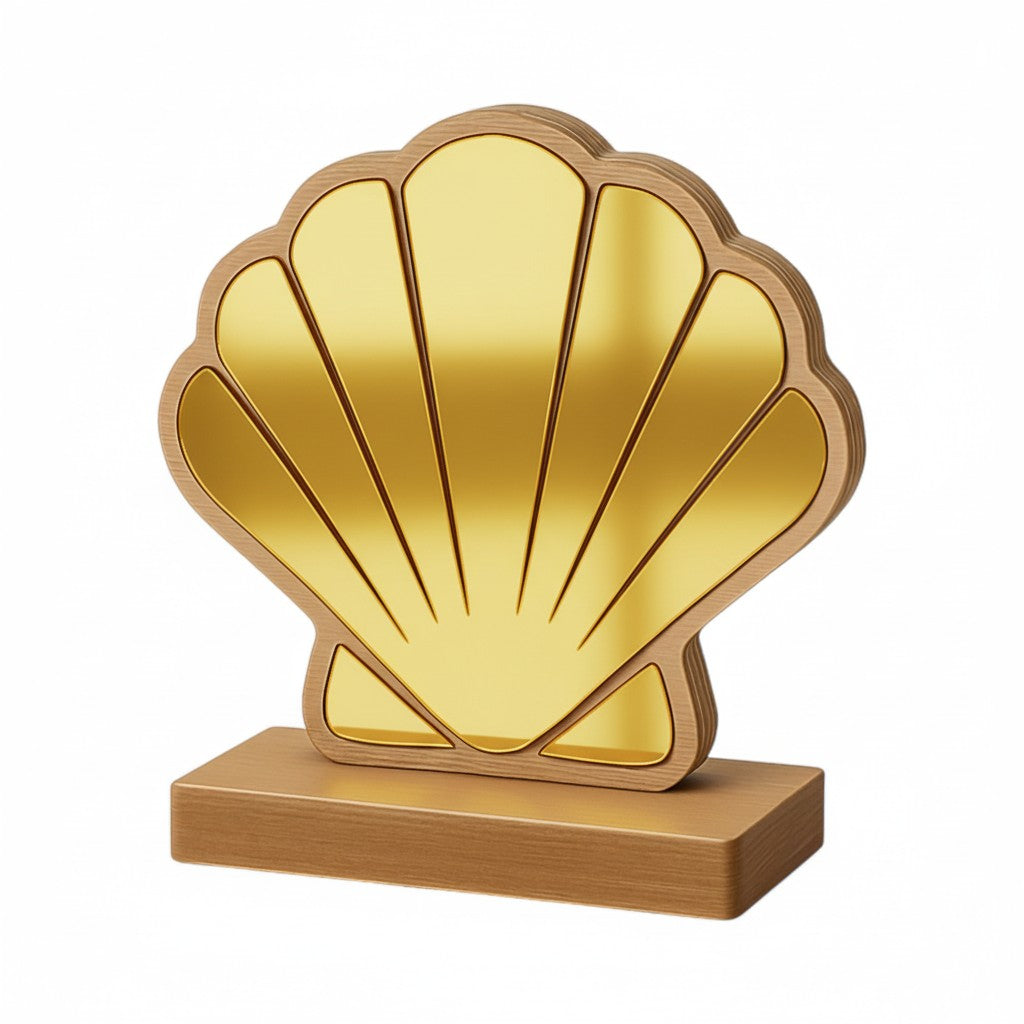 Επιτραπέζιο διακοσμητικό καθρεφτάκι σε σχήμα κοχυλιού από ξύλο και plexiglass σε χρυσό και ασημί.