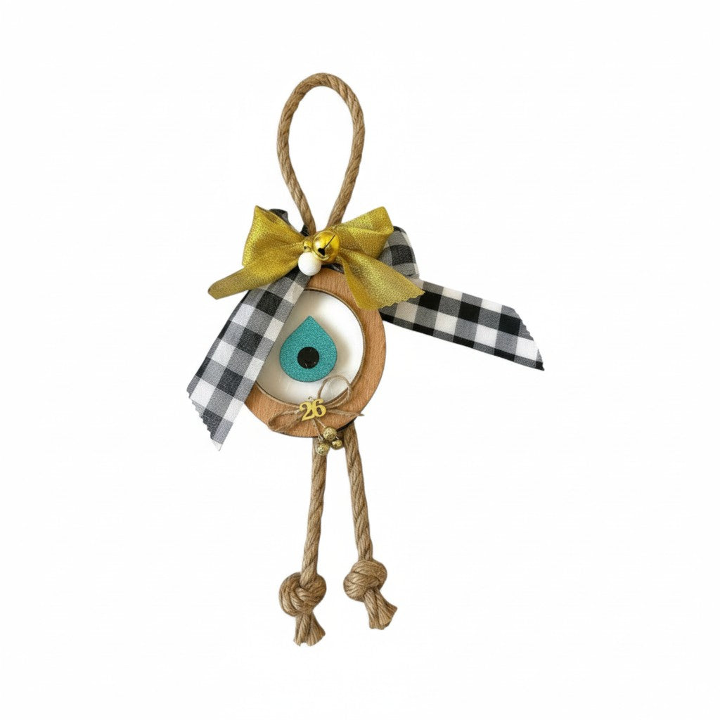 Handmade Country Xmas wooden and plexiglass hanging gouri with plaid ribbon and bells – wholesale So Cute by Dimi