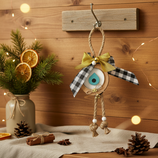 Handmade Country Xmas wooden and plexiglass hanging gouri with plaid ribbon and bells – wholesale So Cute by Dimi