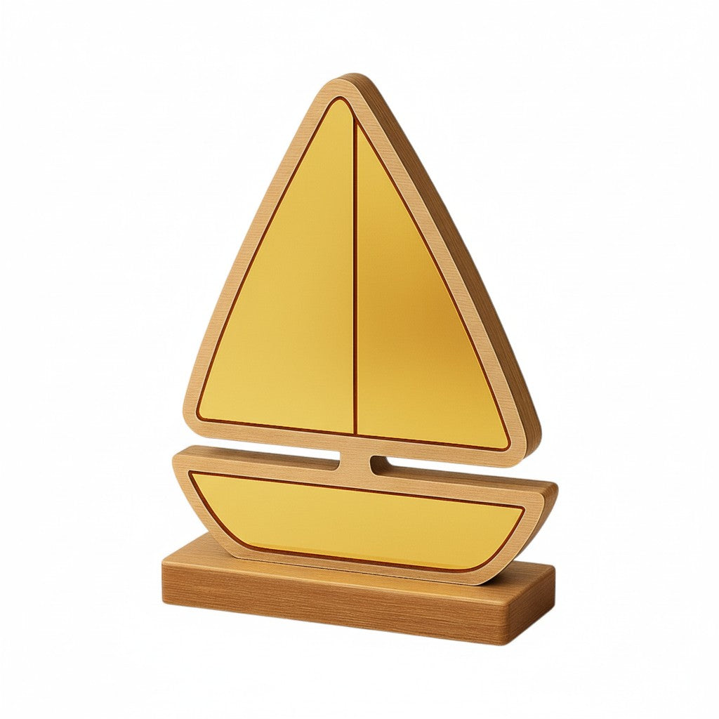 Επιτραπέζιο διακοσμητικό καραβάκι σε ξύλινη βάση με καθρέφτη σε χρυσό χρώμα