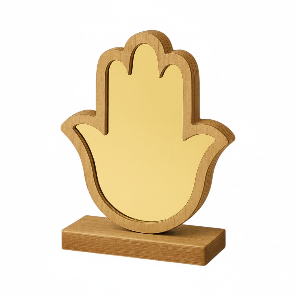 Επιτραπέζιο διακοσμητικό Hamsa από ξύλο με χρυσό καθρέφτη