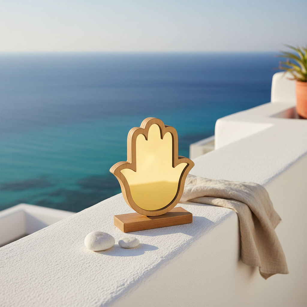 🤍✨Επιτραπέζιο Διακοσμητικό Hamsa – Χρυσό & Ασημί Mirror