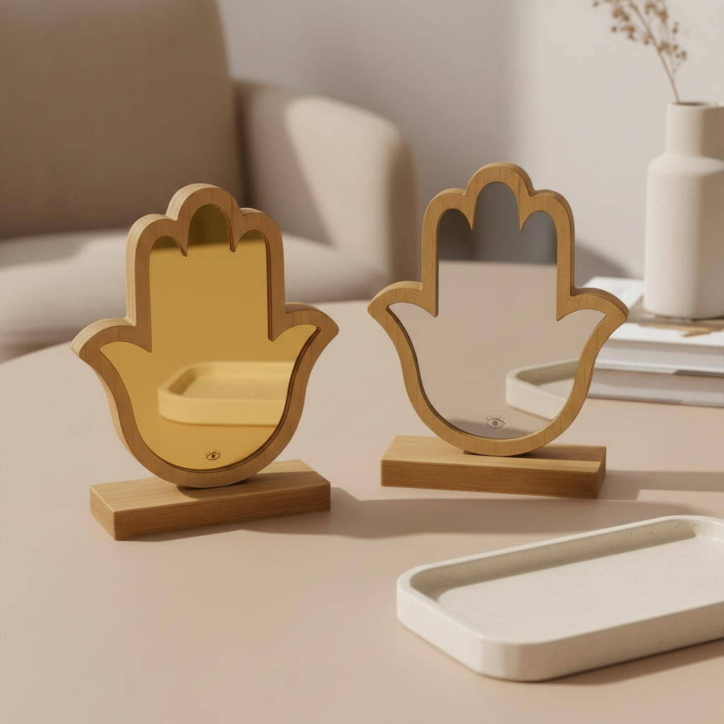 🤍✨Επιτραπέζιο Διακοσμητικό Hamsa – Χρυσό & Ασημί Mirror