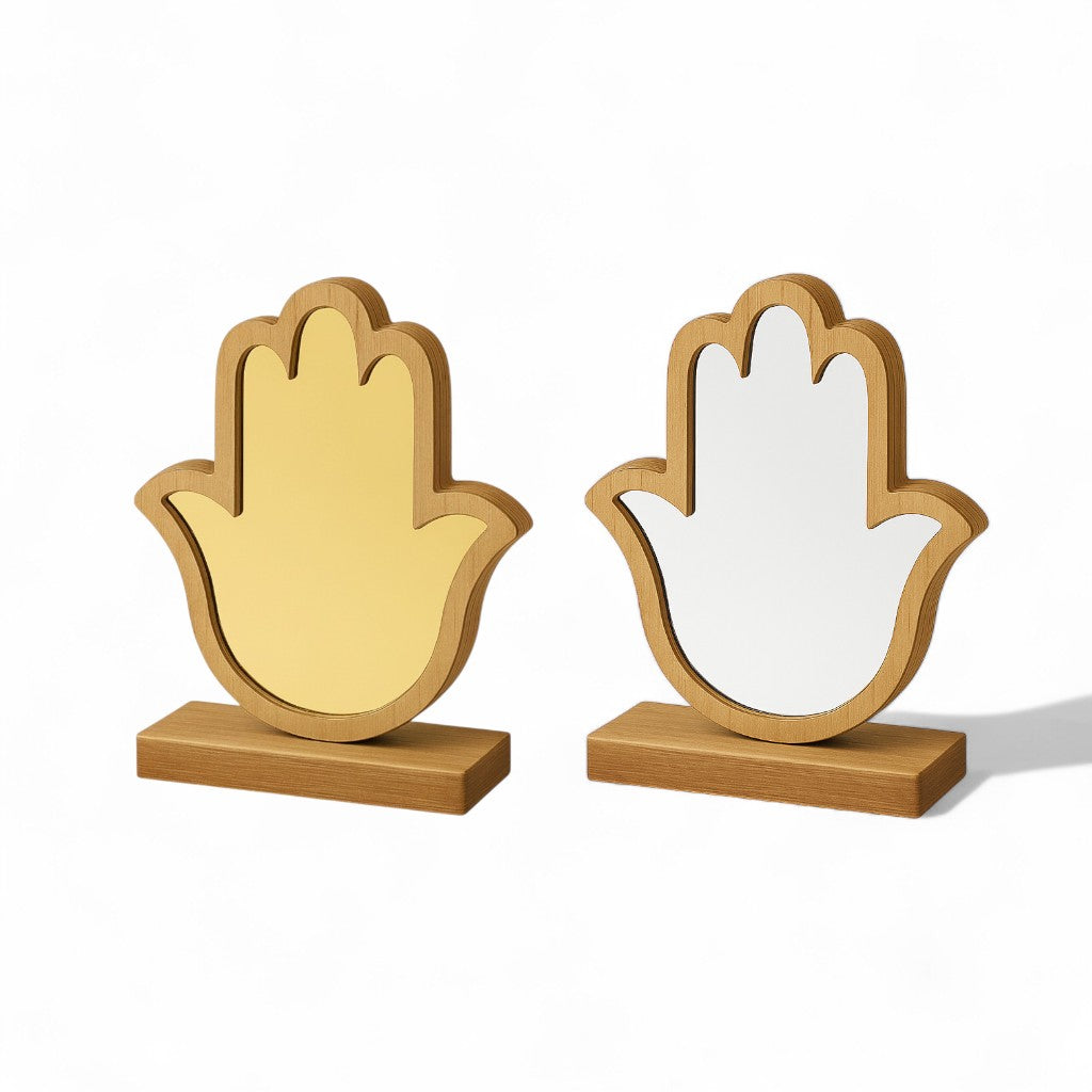 Επιτραπέζιο διακοσμητικό Hamsa από ξύλο με χρυσό και ασημί καθρέφτη