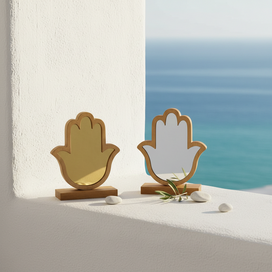 🤍✨Επιτραπέζιο Διακοσμητικό Hamsa – Χρυσό & Ασημί Mirror