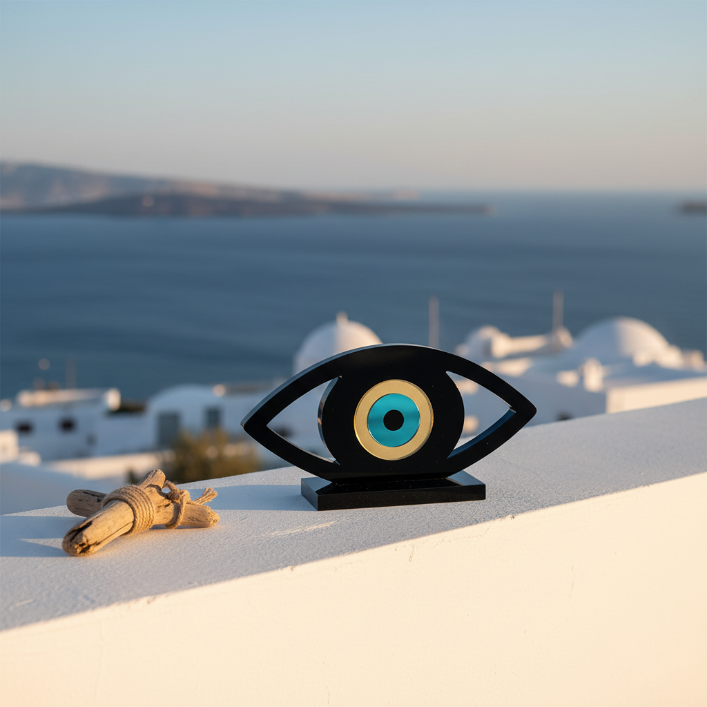 Επιτραπέζιο γούρι μάτι από διάφανο plexiglass με χρωματιστό κεντρικό μάτι πάνω σε λευκό minimal φόντο – So Cute by Dimi.