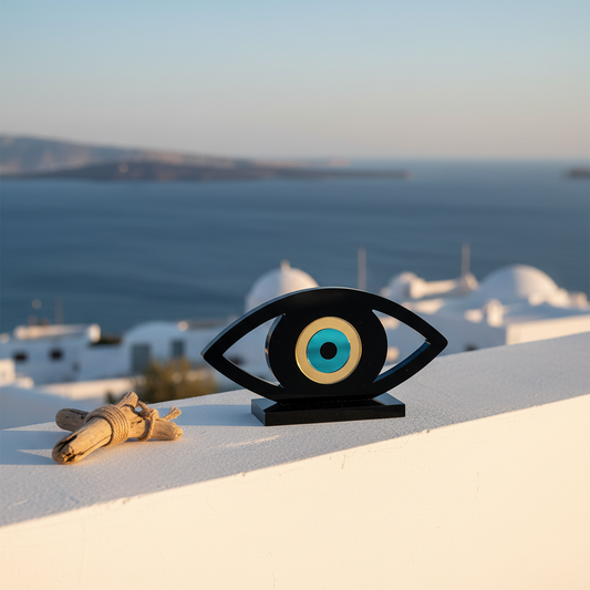 Επιτραπέζιο γούρι μάτι από διάφανο plexiglass με χρωματιστό κεντρικό μάτι πάνω σε λευκό minimal φόντο – So Cute by Dimi.