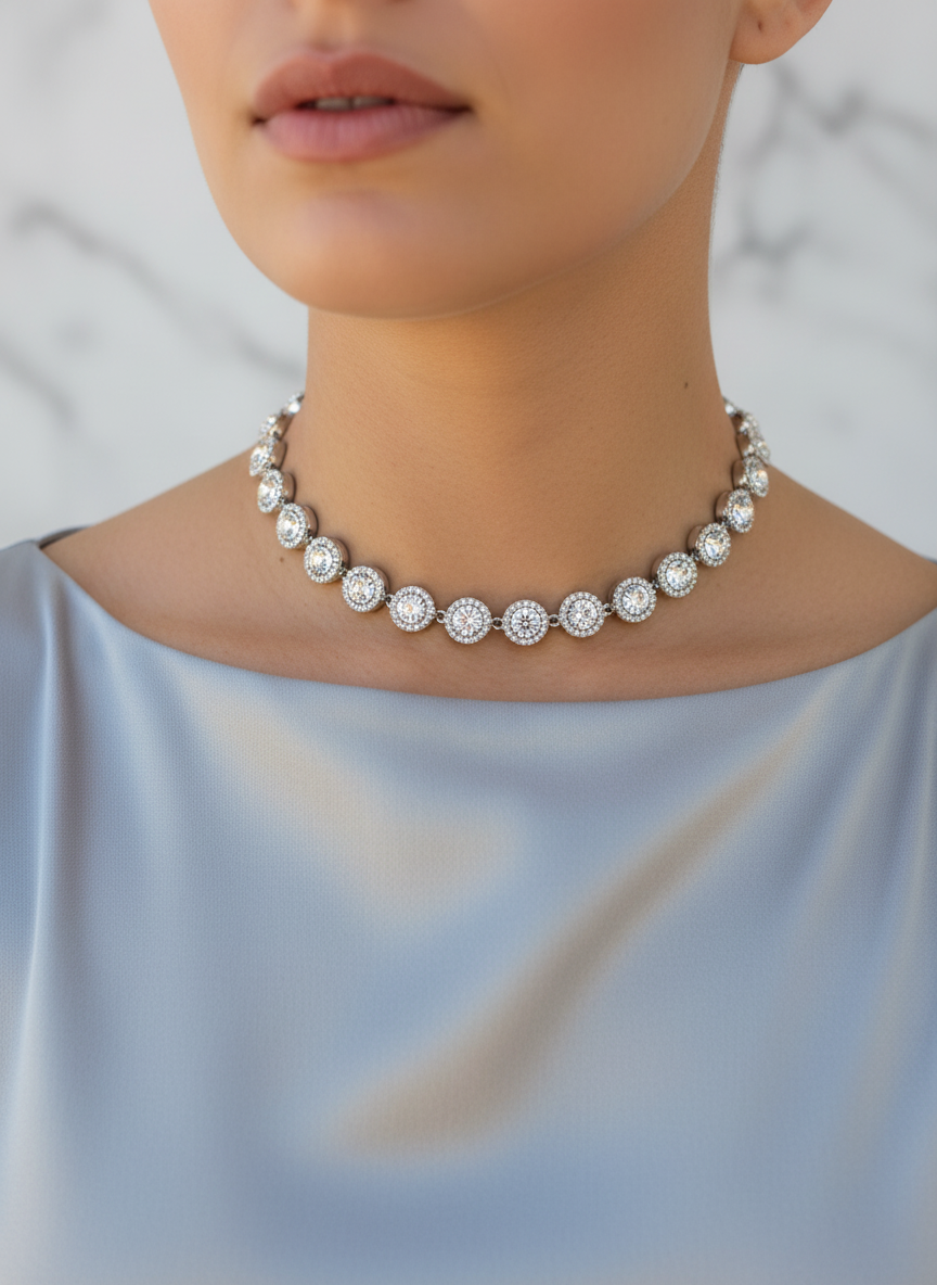 Zircon necklace worn by a person with a blurred background