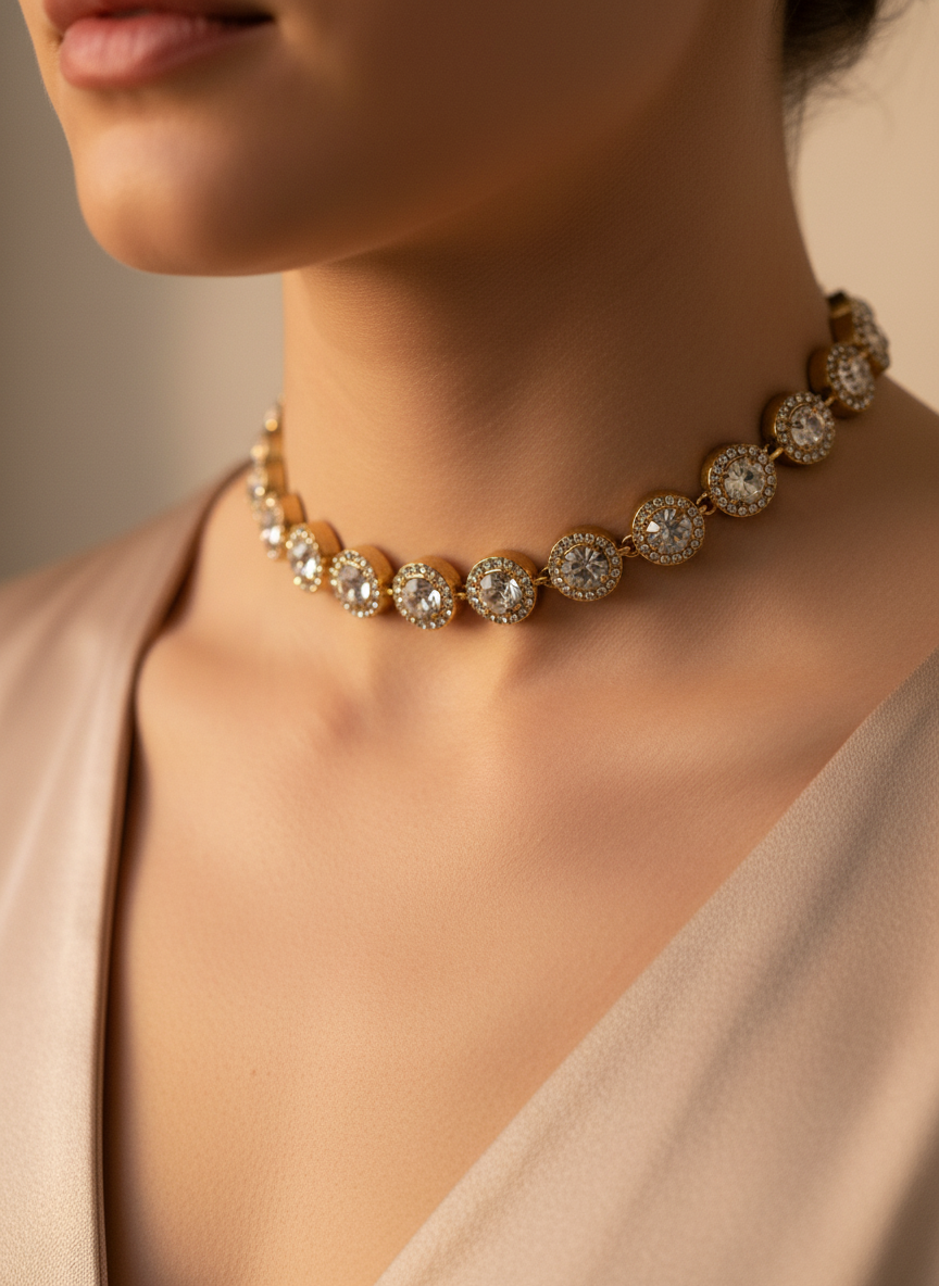 Close-up of a person wearing a gold necklace with diamonds against a neutral background