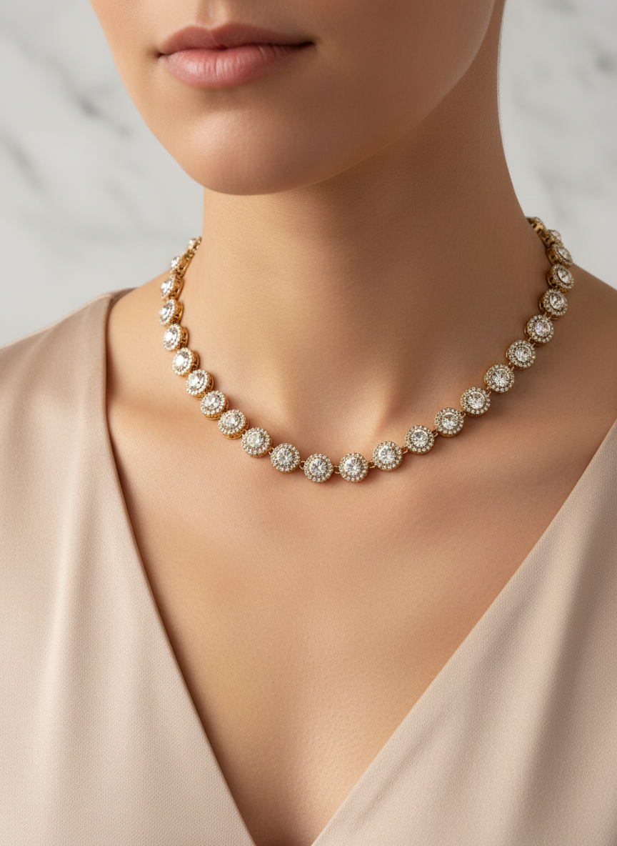 Sparkling steel silver necklace worn by a model against a neutral background