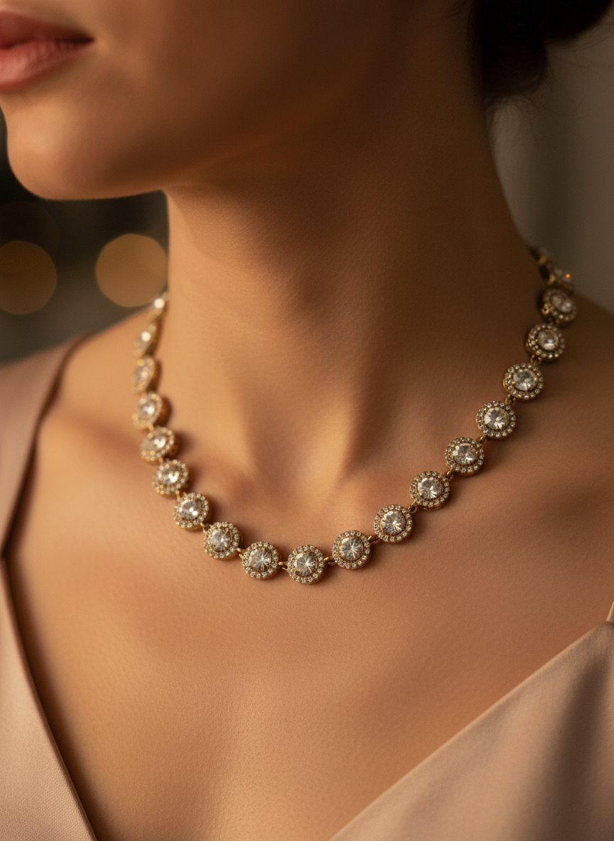 Close-up of a woman wearing a sparkling diamond necklace against a blurred background